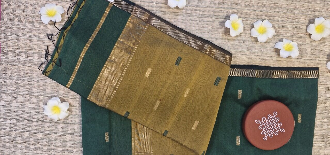 Home maheshwari silk cotton saree dual tone olive and forest green